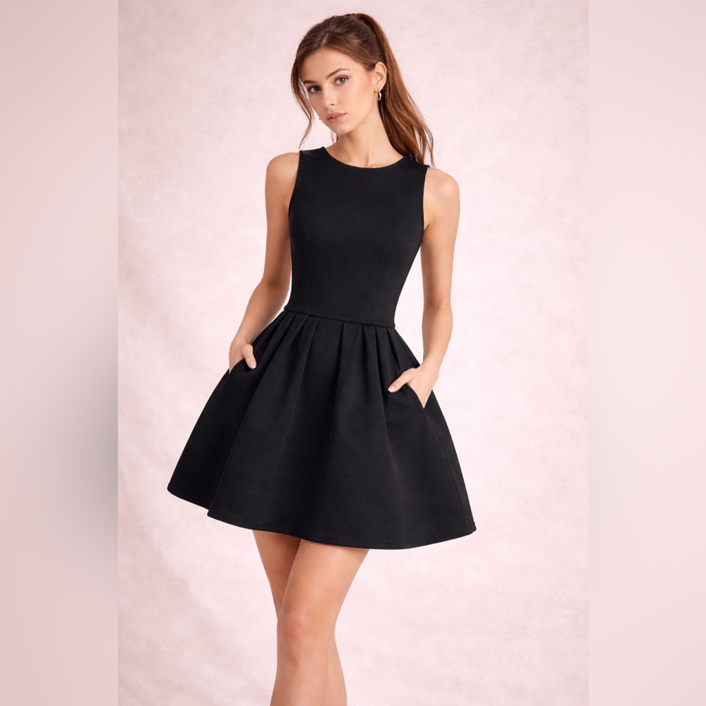 Max Mara Shock Black Fit & Flare Pleated Mini Dress NWT Pockets Size 10